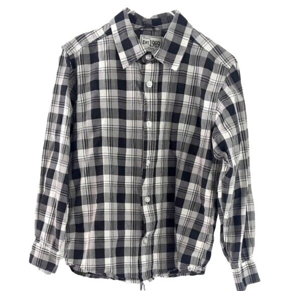 Children's Place Boys Plaid Button Shirt Black White Size 5 6 Small Long Sleeve